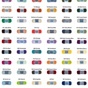 May include: A chart of 48 different colors of yarn with the color name and number for each color. The yarn is arranged in rows and columns.