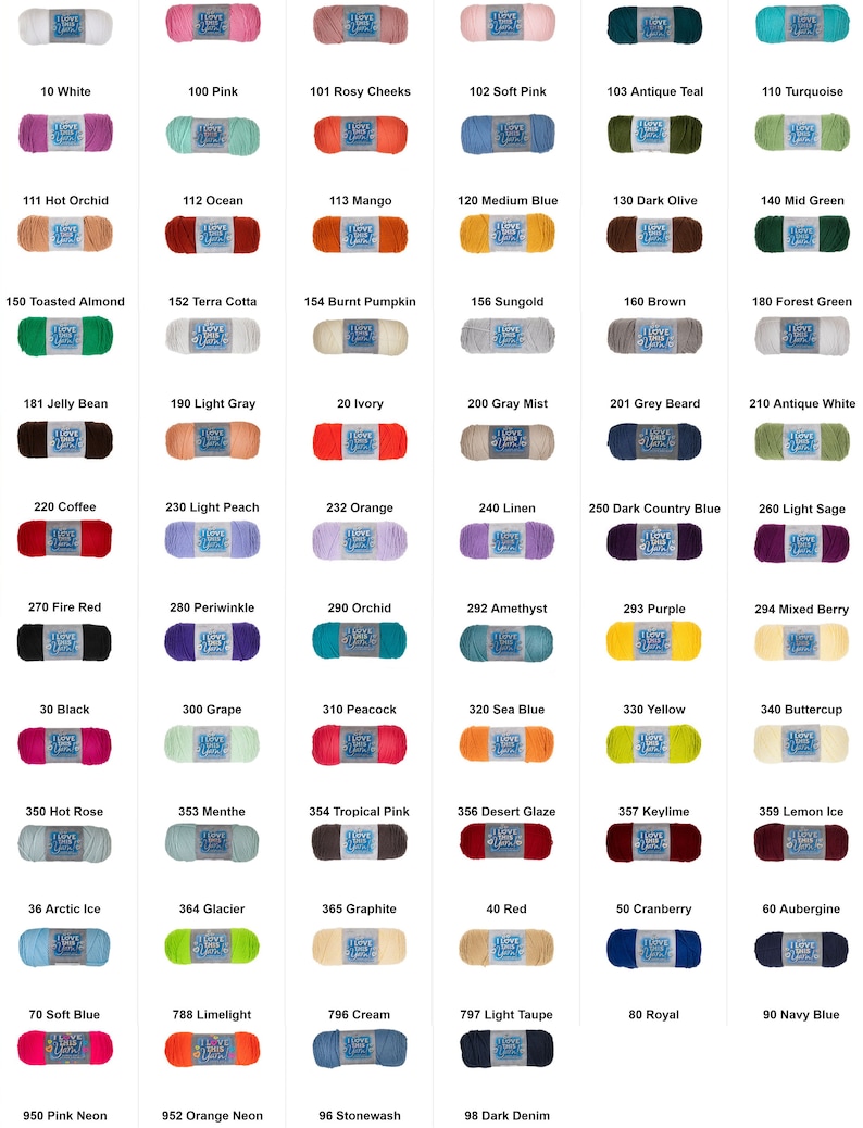 May include: A chart of 48 different colors of yarn with the color name and number for each color. The yarn is arranged in rows and columns.