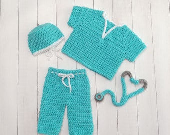 Doctor Scrubs Outfit- Newborn Scrubs- Hospital scrubs Uniform- Baby scrubs- Nurse scrubs- Stethoscope- Photography prop- Halloween Costume