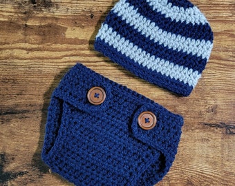 Crochet Baby Boy Outfit - Hat Diaper Cover Set -Grey - Navy Blue -Newborn Boy Photo Prop -Photography Prop -Coming Home Outfit -Baby Boy Set