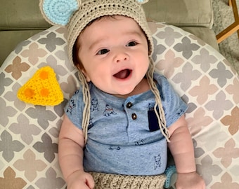 Mouse Hat,  Year of Rat, Crochet Mouse Costume ,  Baby Hat ,  newborn photo prop, mouse Bonnet,  crochet mouse outfit, Halloween Costume
