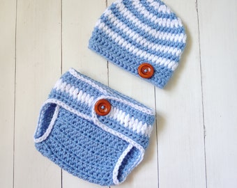 newborn Boy Outfit -Hat - Diaper Cover Set-Crochet Baby Boy outfit -Newborn Photo Prop -Photography Prop -Coming Home Outfit -Baby Boy Set