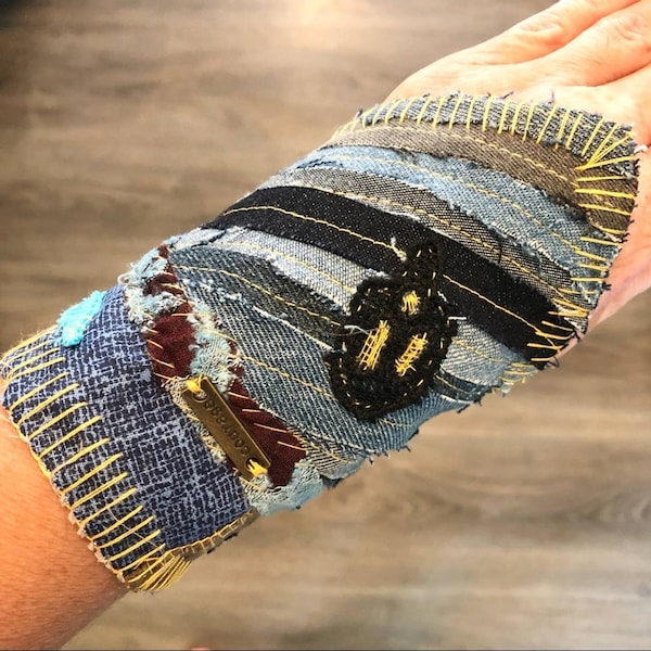 cosplay bracelet, wide cuff, textile art, festival jewelry, upcycled repurposed fabric, cottagecore patchwork, tattoo coverup, arm warmers