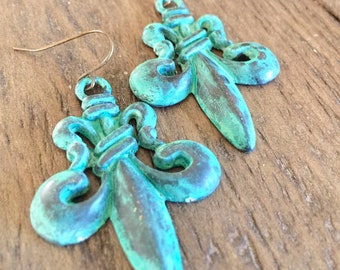 long dangle earrings, gothic verdigris fleur de lis, steampunk verdigris drop earrings, french bohemian festival jewelry, gift for her