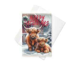Highland Cow Christmas Card | Whimsical Farm Watercolor Greeting Card