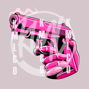 May include: A pink handgun illustration with a hand holding the gun. The gun is detailed with black accents and smoke. The background is a light purple with the text "KMLCO" in white.