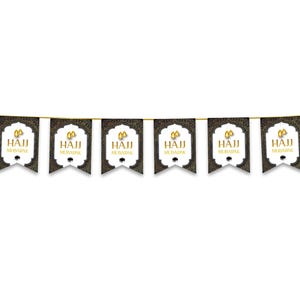 May include: A banner with black and gold pennants strung on a gold cord. Each pennant has a white center with the words "HAJI MUBARAK" in gold. The pennants have a decorative gold border and a scalloped bottom.
