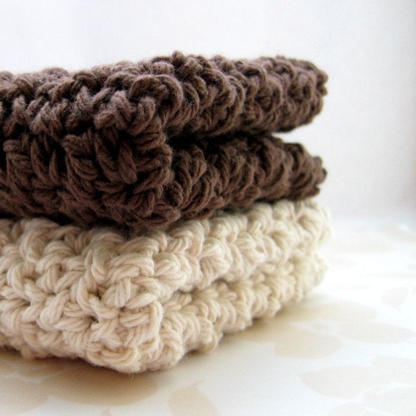 Cotton Crochet Washcloths, Ivory and Brown Dish Cloths
