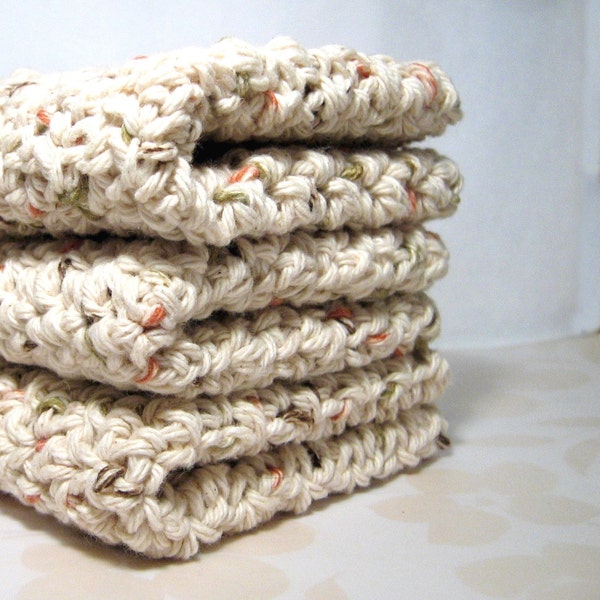 Cotton Crochet Wash Cloths / Dish Cloths, Ivory, Green, Brown, Russet, Handmade Washcloths / Dishcloths,  Eco Friendly Cleaning Bathing