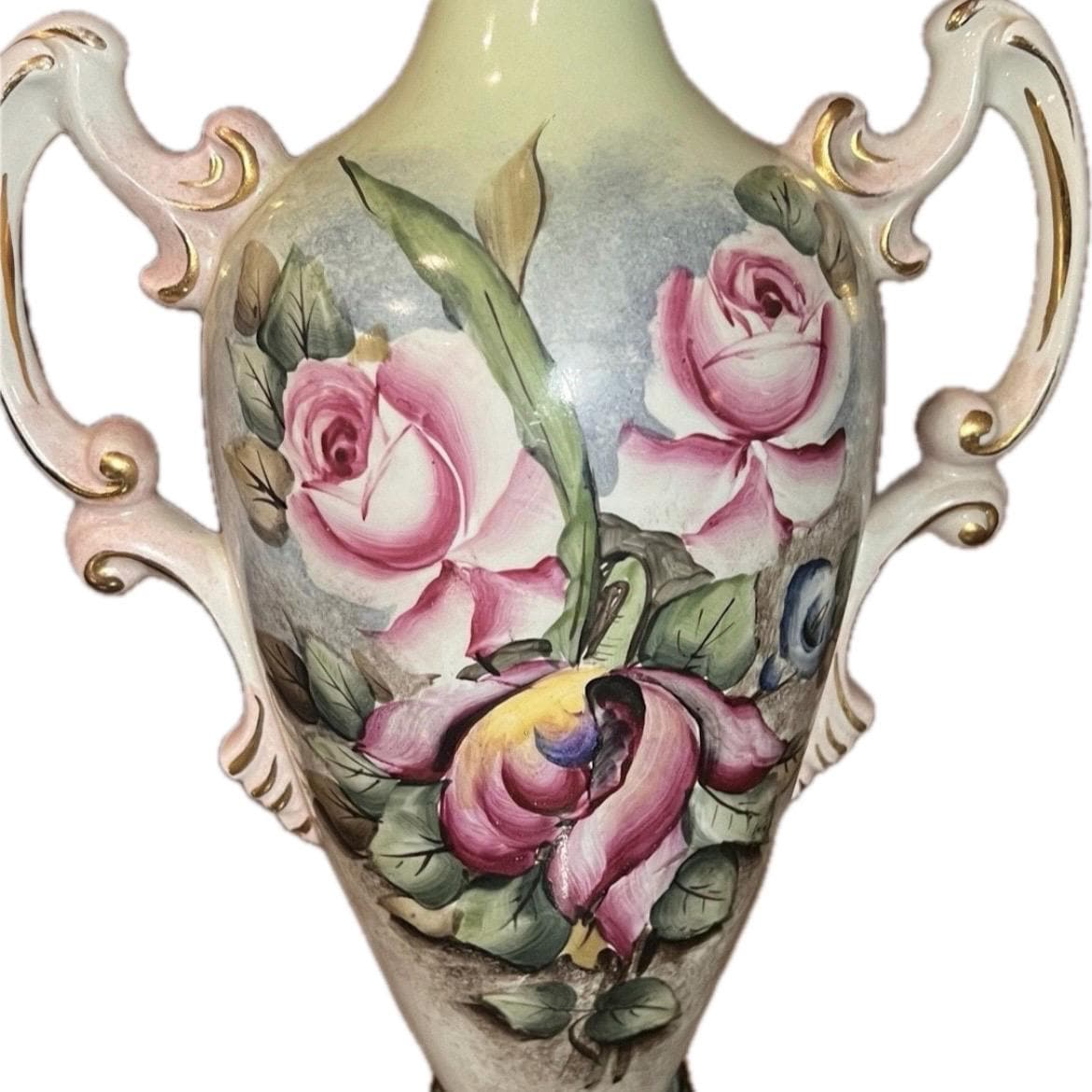Antique Double Handle Vase Lamp, Hand Painted Porcelain