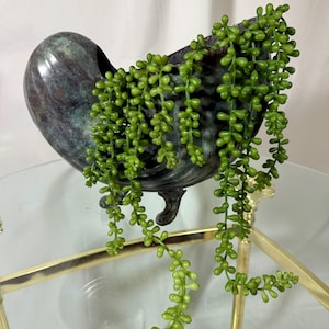 Vintage Ornate Shell Footed Metal Vase / Planter - Green Marbling /Grey / Brown ~9”H, 11.5”L, 5”W