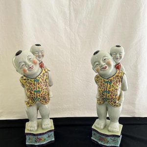 Vintage Chinese Porcelain Statues, Man and Child Figurines, Hand-Painted Set of 2, Joyful Family Pair