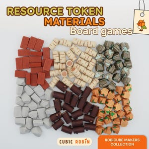 May include: A collection of board game resource tokens, including brick, wood, stone, and other materials. The tokens are in various colors, such as red, brown, gray, and tan. The text "RESOURCE TOKEN MATERIALS Board games" is at the top.
