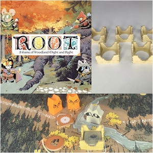 以下が含まれることがあります： 「ROOT: A Game of Woodland Might and Right」というボードゲームで、イラストのキャラクターと川があります。ゲームには、ベージュの塔や白いノコギリ刃が付いた茶色の木の丸太など、木製のパーツが含まれています。