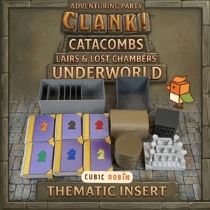 May include: A thematic insert for the board game Clank! Catacombs. The image shows various game components, including card holders, a treasure chest, and stacks of tokens. The insert is designed to organize and store game pieces. The text on the image says "Clank! Catacombs".