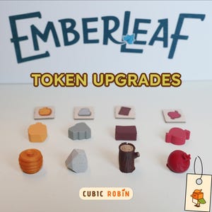 Könnte beinhalten: Emberleaf Token-Upgrades werden gezeigt. Das Bild zeigt verschiedene Spielsteine aus Holz in Orange, Grau und Braun. Die Spielsteine umfassen Formen wie einen Kürbis, einen Stein und einen Baumstamm. Das Emberleaf-Logo ist im Hintergrund sichtbar.