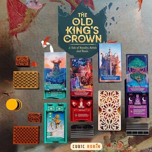 May include: An overhead shot of a board game titled "The Old King's Crown." The game includes various cards and game pieces with colorful illustrations. The game's theme is royalty, rebels, and roses. The Cubic Robin logo is visible.