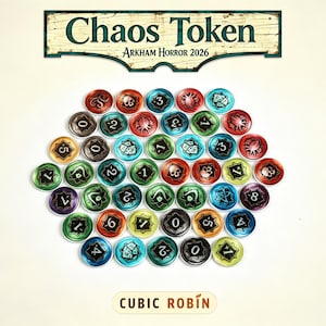 May include: A collection of circular game tokens arranged in a hexagonal pattern, featuring various colors and symbols including numbers, skulls, and tentacles. The text "Chaos Token Arkham Horror 2026" appears at the top, with "CUBIC ROBIN" at the bottom.