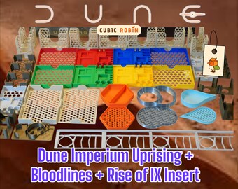 May include: A collection of colorful game inserts for Dune Imperium Uprising, Bloodlines, and Rise of IX. The inserts are in various colors, including red, green, blue, and yellow. The image also features the text "Dune Imperium Uprising + Bloodlines + Rise of IX Insert".