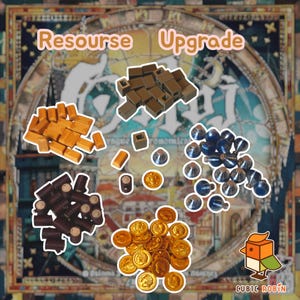 May include: A collection of board game components, such as wooden blocks, gold coins, and blue metal pieces, are displayed against a patterned backdrop. The words "Resourse Upgrade" are visible. A bird logo is in the bottom right corner.