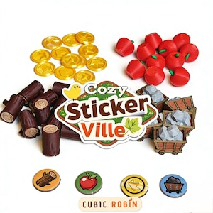 Könnte beinhalten: Eine Sammlung von Spielsteinen aus Cozy Sticker Ville, darunter Goldmünzen, rote Äpfel, Holzscheite und Miniatur-Grubenwagen, die mit grauen Steinen gefüllt sind. Das Logo des Spiels ist deutlich sichtbar, zusammen mit vier runden Spielmarken. Das Cubic Robin Logo ist ebenfalls zu sehen.