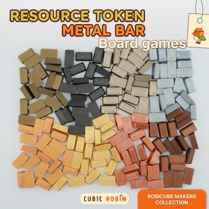 Puede incluir: Fichas de recursos de barra metálica para juegos de mesa. Las fichas rectangulares vienen en varios colores, incluyendo oro, bronce, plata y negro. El texto "RESOURCE TOKEN METAL BAR Board games" está en la parte superior.