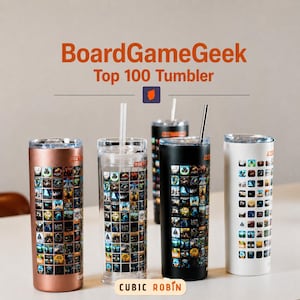 May include: Four tumblers with lids and straws are displayed. The tumblers are copper, clear, black, and white. Each tumbler features a design of small, colorful squares. The text "BoardGameGeek Top 100 Tumbler" is at the top.