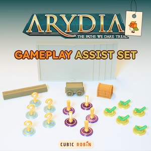 Puede incluir: Conjunto de ayuda para el juego de mesa Arydia: The Paths We Dare Tread. El conjunto incluye una tabla de madera, un cofre, un carro y varias fichas en verde, dorado y morado.