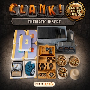 May include: A Clank! Master Thief Edition thematic insert board game organizer set. Includes light purple book-shaped card storage boxes, a grey card tray, a yellow multi-compartment token tray, three round bowls with circular tokens, and a grey structure.