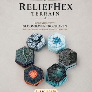 May include: Six stacks of hexagonal terrain tiles labeled RELIEF HEX TERRAIN, COMPATIBLE WITH GLOOMHAVEN FROSTHAVEN AND OTHER TABLETOP RPGS & DUNGEON CRAWLERS. The tiles feature varied textures including ice, stone, lava, and mossy ground. CUBIC ROBIN logo.