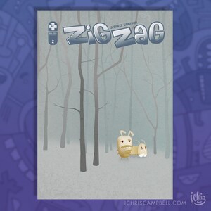 May include: A comic book cover with the title "ZigZag" in a stylized font. The cover features a light brown, cartoon-like creature with a large head and a smaller, light brown creature with a large head and a long, segmented body. The background is a light gray, misty forest.