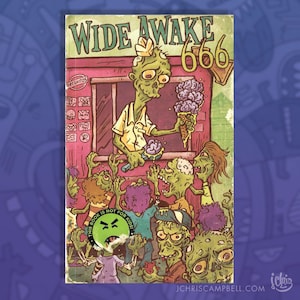 May include: A comic book cover with the title "WIDE AWAKE 666". The cover features a zombie with a white chef's hat serving ice cream to a group of zombies. The ice cream is shaped like brains. A warning sticker reads "THIS BOOK IS NOT FOR KIDS!"