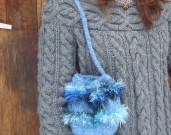 Felted Drawstring Purse -Handknit With Handspun Yarn and Novelty Yarn