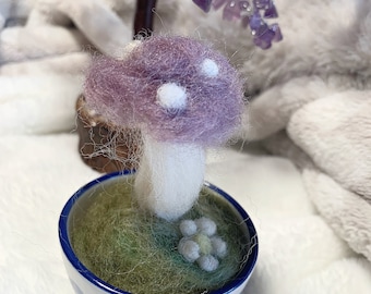 Needle Felted Purple Mushroom in Porcelain Cup with Daisy