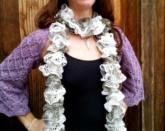 Ruffle scarf, handknit, white and beige tones