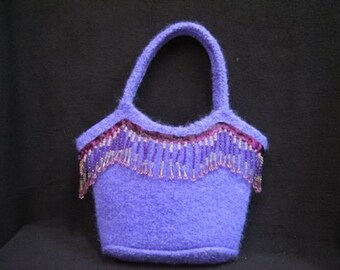 Handknit Felted Purple Handbag with Beaded Trim