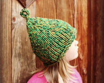 Pixi or elfin hat, handknit and warm, woodland theme