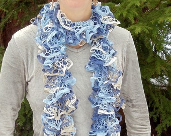 Ruffle scarf, handknit,  blue and white