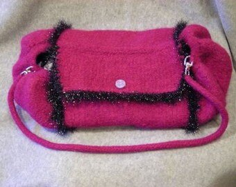 Felted Handbag or Purse - Handknit -  Pink With Black Novelty Yarn on Flap