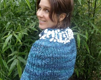 Knit Capelet with Blue Super Soft Wool Yarn - Snowflakes at Midnight