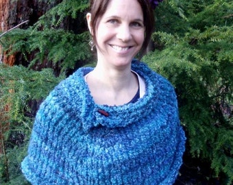 Hand knit cowl, capelet or shoulder warmer with handmade rosewood button