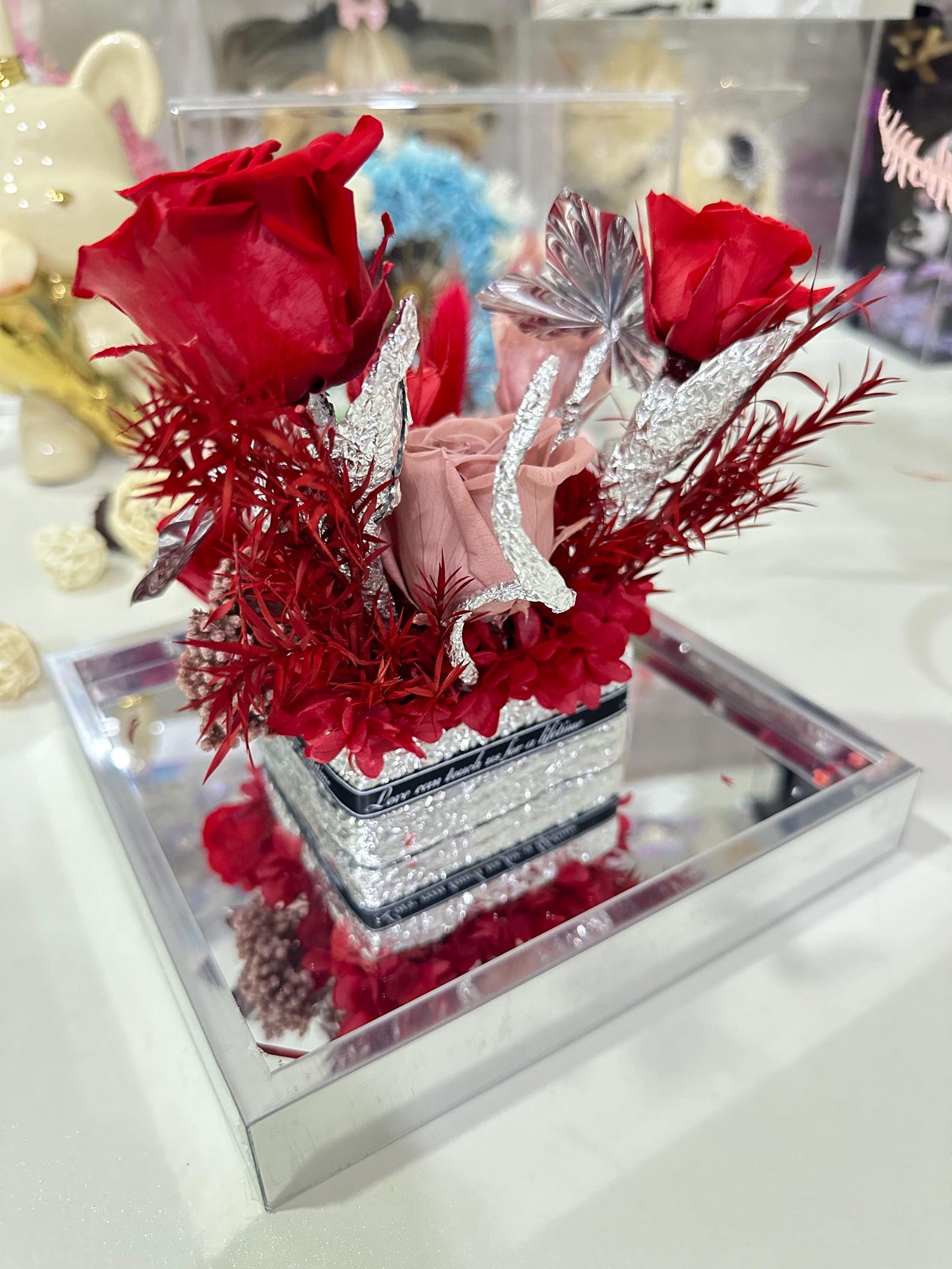 Elegant Preserved Rose Arrangement With Silver Butterfly Accents