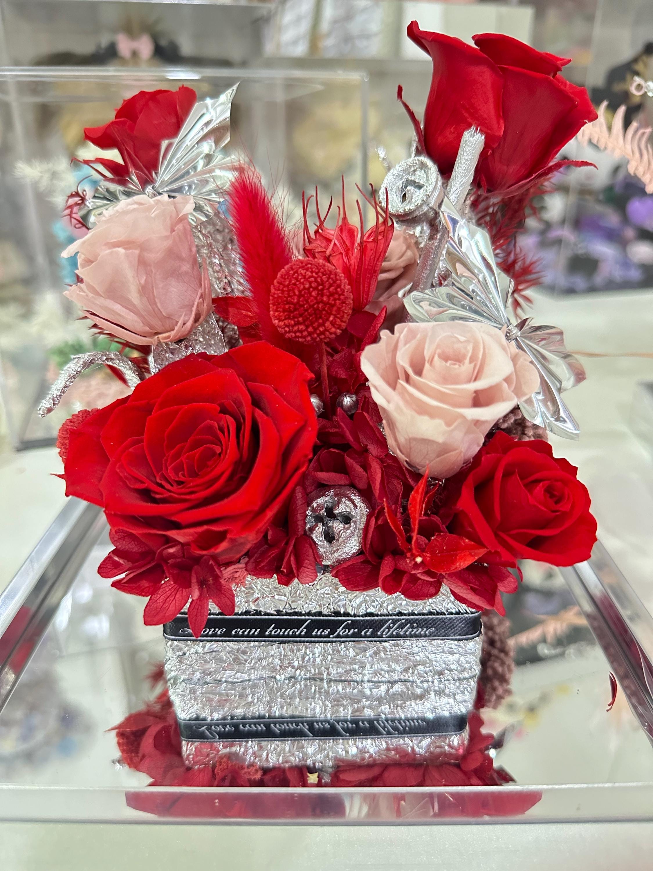 Elegant Preserved Rose Arrangement With Silver Butterfly Accents