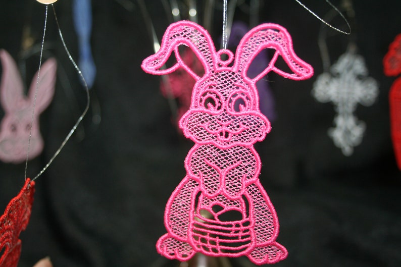 3D Lace Spring Holiday Ornament Machine Embroidered SEWBUSY12 FSL Easter Bunny with Basket 3D Lace Ornament Bunny Ornament Home Decor