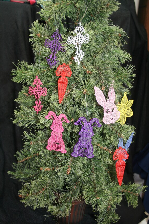 3D Lace Spring Holiday Ornament Machine Embroidered SEWBUSY12 FSL Easter Bunny with Basket 3D Lace Ornament Bunny Ornament Home Decor