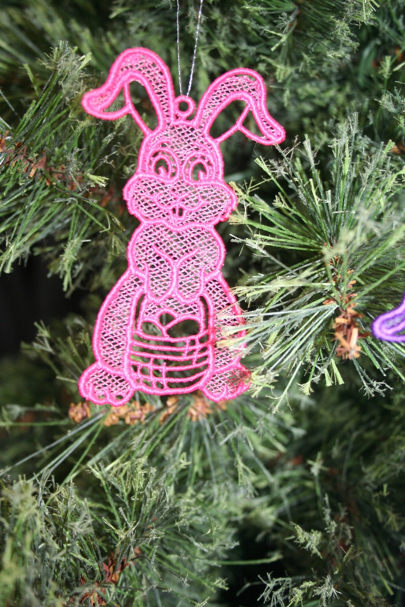 3D Lace Spring Holiday Ornament Machine Embroidered SEWBUSY12 FSL Easter Bunny with Basket 3D Lace Ornament Bunny Ornament Home Decor