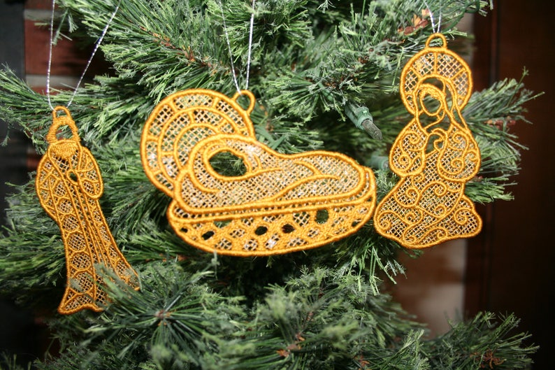 Embroidered Lace Nativity,Christmas Nativity,Jesus,Mary,Joseph,Star,Angel,Christmas Ornaments,Gold Christmas Ornaments,3D SEWBUSY12 FSL
