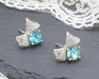 Delicate Ribbon Bow Earrings, Sparkly Everyday Silver Earrings, Colorful Iridescent Swarovski Crystal Earrings,Coquette Jewelry Princesscore