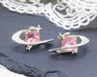 Pink Planet Earrings, Rose Pink Swarovski Crystal Earrings, Silver Stud Earrings, Celestial Star Saturn Earrings, Cute Fairycore Jewelry