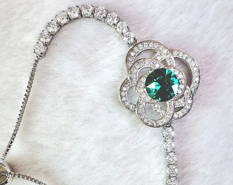 Green Gemstone Flower Bracelet, Green Swarovski Crystal Tennis Bracelet, Elegant Emerald Zircon Statement Bracelet, Delicate Summer Jewelry